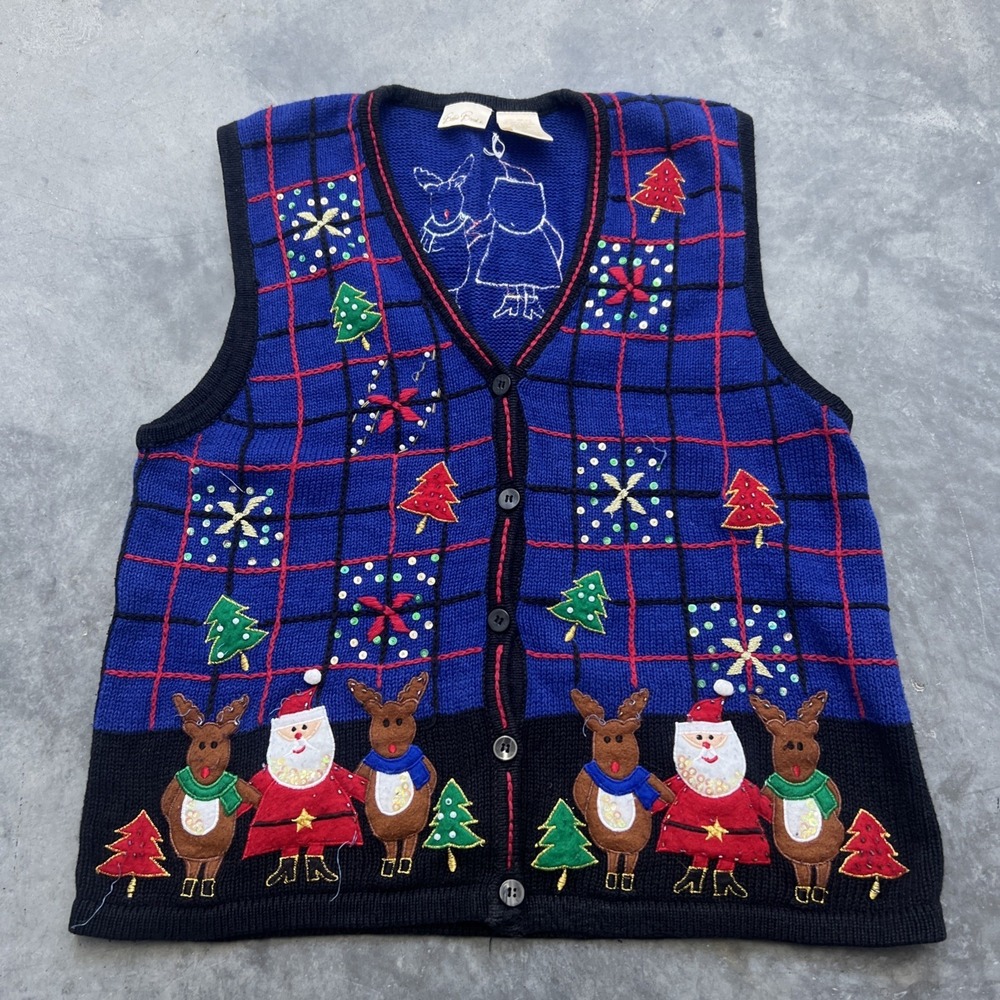 Bobbie Brooks Christmas Sweater Vest Size L 12/14 Blue Knit Santa &Reindeer Bead
